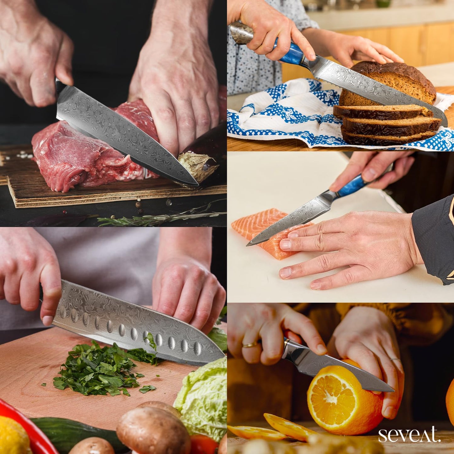 Seveat Damascus Kitchen Knife Set | 67-Layer Damascus Steel | Professional Japanese Chef Knife Set | Ergonomic Wood & Resin Handle | Gift Box Included (Blue, 5-Piece Set)