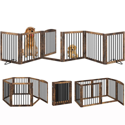 Vantas Folding Pet Gate 144" Wide, 30" Tall No-Assembly Wooden Dog Gate with Door Walk Through, Freestanding Puppy Safety Fence, with 2PCS Support - Rustic Brown