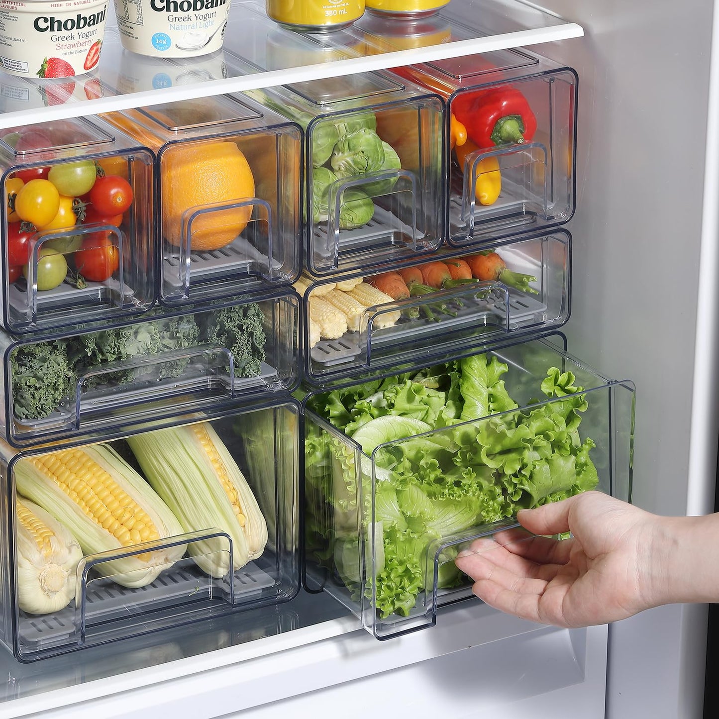 Bronkeeper Pull Out Clear Fridge Organizer Drawers with Drainer, Refrigerator Stackable Storage Bins for Kitchen Fruit & Veggie Organization (Complete Set)