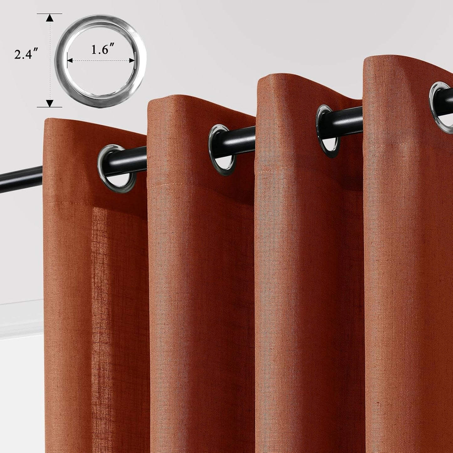 Terracotta Linen Curtains 90 Inch Length, 2 Panels Boho Farmhouse Drapes, Light Filtering Rust Orange Red Semi Sheer