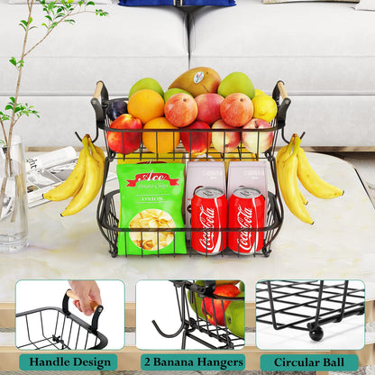 ANTOPY 2 Tier Fruit Basket with 2 Banana Hangers, Countertop Fruit Vegetable Basket Bowl for Kitchen Counter Metal Wire Fruits Storage Stand Holder Organizer for Bread Snack Veggies Produce