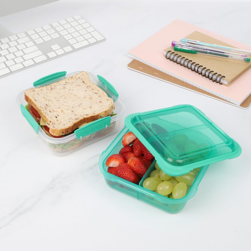 Sistema 1.24L Lunch Stack Square to Go Assorted Colours, Polypropylene, 1.24 Litre