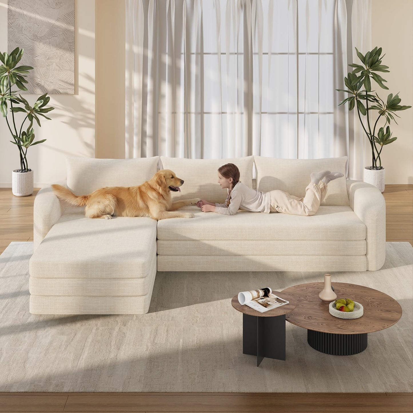 Vesgantti 6 in 1 Convertible Folding Sleeper Sofa Bed, 110.2" Modular Sectional Sofa with Curved Armrest, Chenille Boneless Couch for Living Room, No Assembly Required, Beige, Left Facing Chaise