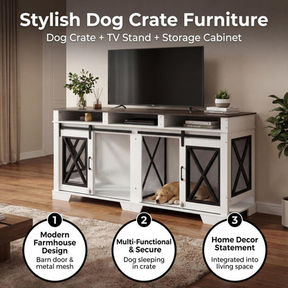 Garvee 71" Double Dog Crate Furniture with Divider, Heavy Duty Wood & Metal Dog Cage for Large Dogs, Dual Compartment Dog Kennel with Double Doors, Indoor Dog Crate TV Stand