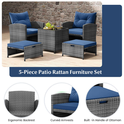 Tangkula 5 Pieces Patio Conversation Set, PE Wicker Rattan Outdoor Furniture Set with 2 Chairs, 2 Ottomans & Tempered Glass Coffee Table, Ideal for Poolside, Backyard, Lawn, Deck, Mix Grey & Navy