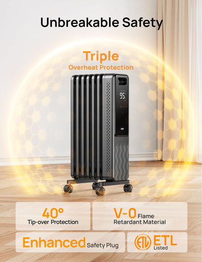 DREO Oil Filled Radiator, Electric Radiant Heaters for indoor use Large Room with Remote Control, Child Lock, 4 Modes, Overheat & Tip-Over Protection, 24h Timer, Digital Thermostat, Quiet, 1500W