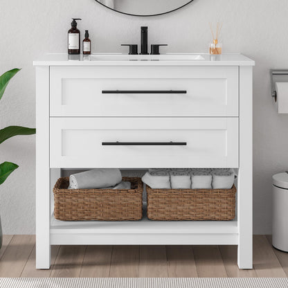 LIKIMIO 36" Bathroom Vanity with Sink, Freestanding Bathroom Vanity with 2 U-Shaped Drawers & Open Shelf, Integrated Ceramic Sink, Modern Bathroom Storage Cabinet, Easy Assembly, White