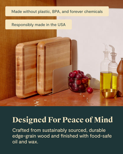Caraway 3-Piece Prep & Serve Butcher Block Set, Includes 17” Rectangle Cutting Board, 12” Square Cutting Board and Metal Storage Rack, Maple