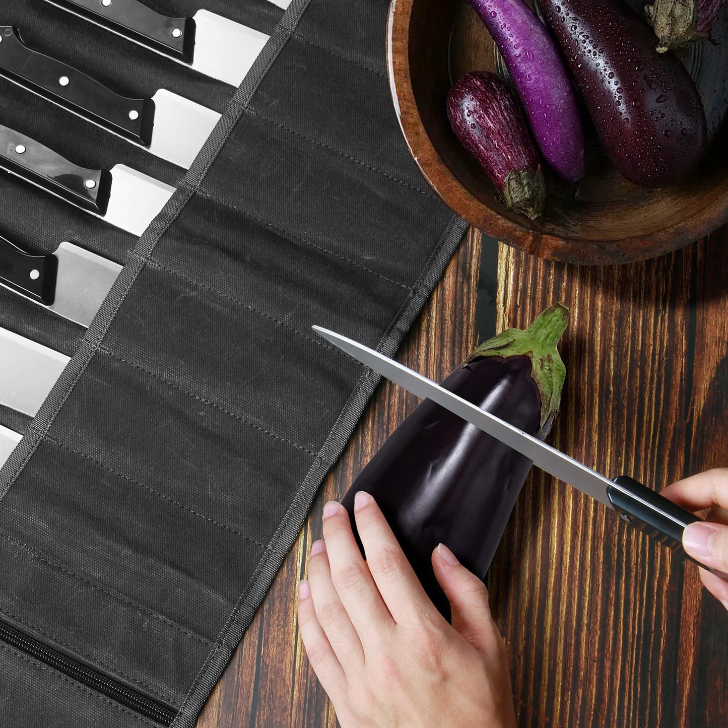 Chef Knife Roll Bag,Waxed Canvas Knife Travel Case,Heavy Duty Professional Knife Carrier Storage Holder with 10 Slots,Portable Kitchen Culinary Tool Organizer for Men,Fits up to 18.8”Knives.Black