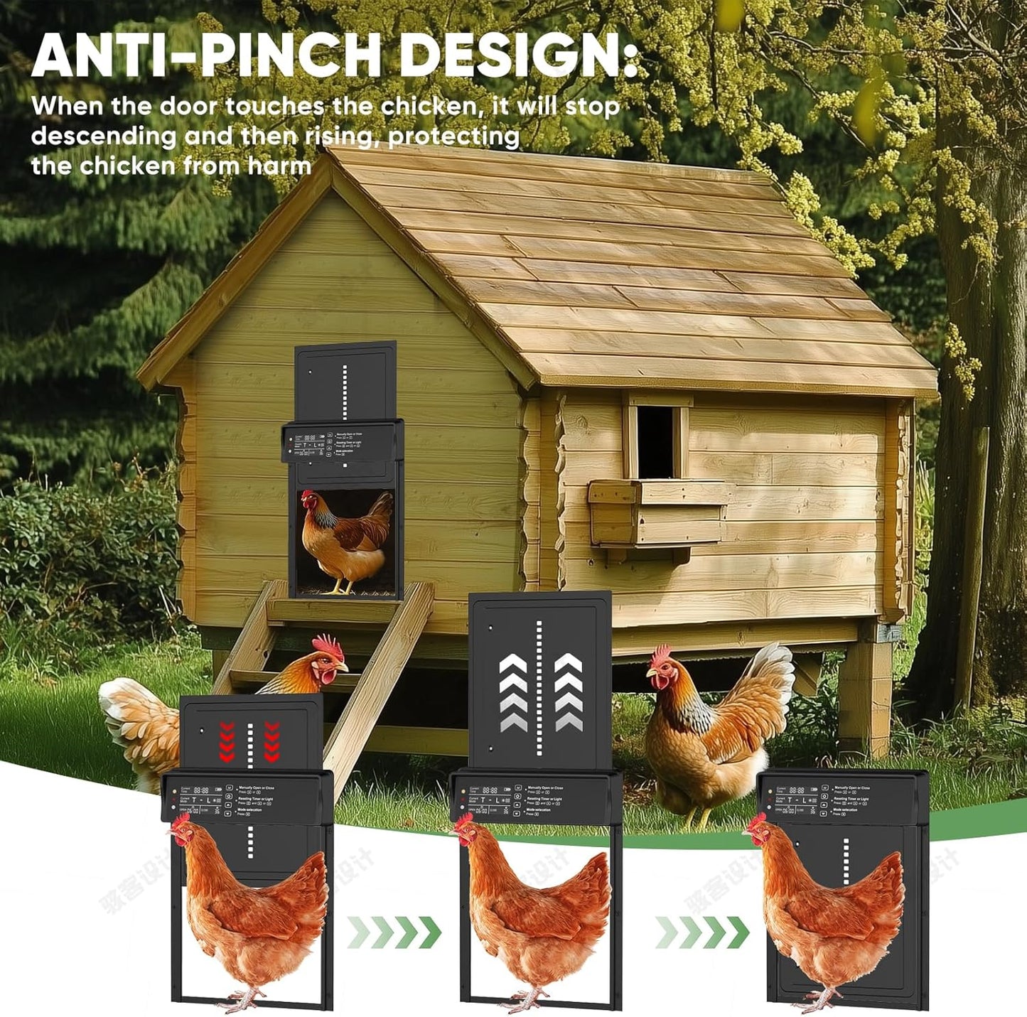 Bainianhhg 4 Anti-Pinch Automatic Chicken Coop Door Solar Powered with Timer & Light Sensor Modes Aluminum Waterproof