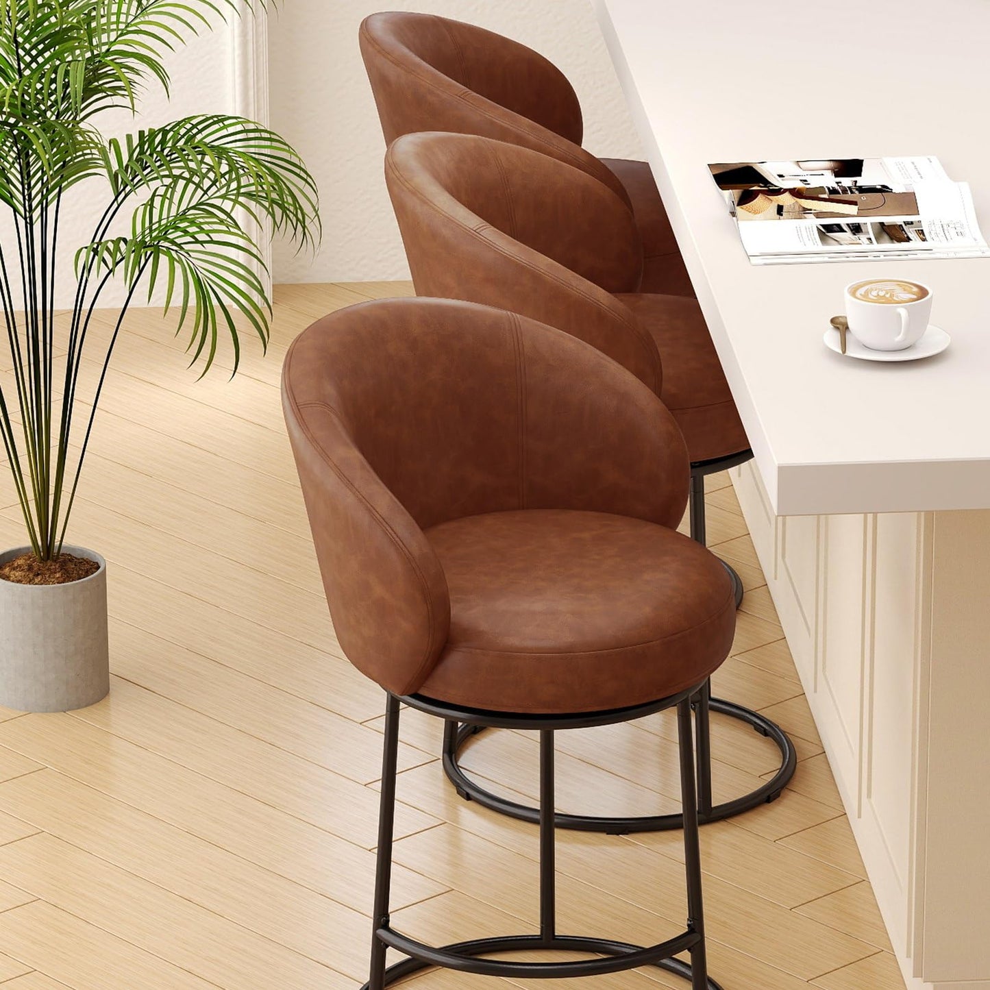 SAECKBERG Swivel Counter Height Bar Stools Set of 3, 26" H Modern Bar Height Stools for Kitchen Island, Upholstered Barstools with Backs, Brown Counter Stools Chairs, Faux Leather
