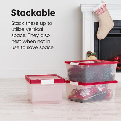 IRIS USA 12 Qt. Plastic Storage Bins - Stackable Organizing Containers with Lids | Clear/Red, 4 Pack