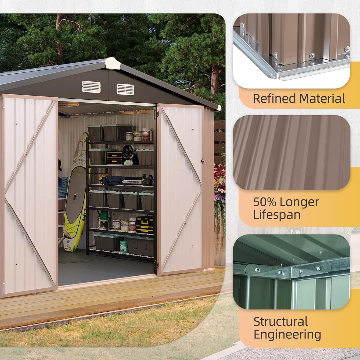 Aoxun 10x8 FT Shed with Floor Heavy-Duty Galvanized Steel Outdoor Storage Shed with Double Doors, Ventilated Weatherproof Design for Bike/Generator/Tool Organization (Brown with Floor)