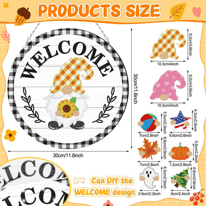 DoubleFill 33 Pcs Magnetic Diamond Art Set Interchangeable DIY Gnome Diamond Painting Decor Detachable Welcome Sign Seasonal Door Hanger Gnome Party Decorations Gift for Home Wall Front Door(Stylish)