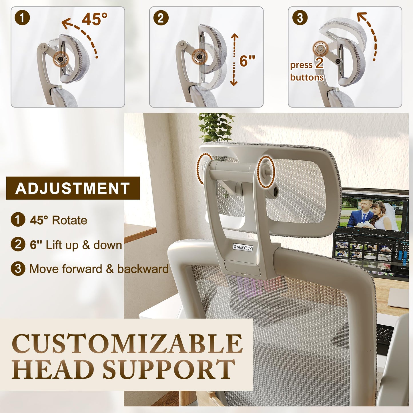GABRYLLY Ergonomic Office Chair, High Back Home Desk Chair with Flip-Up Arms, Headrest, 90-120° Tilt and Wide Cushion, 300LBS White Mesh Chair for Work Gaming Study (GY01-NT, Woodgrain Pattern)