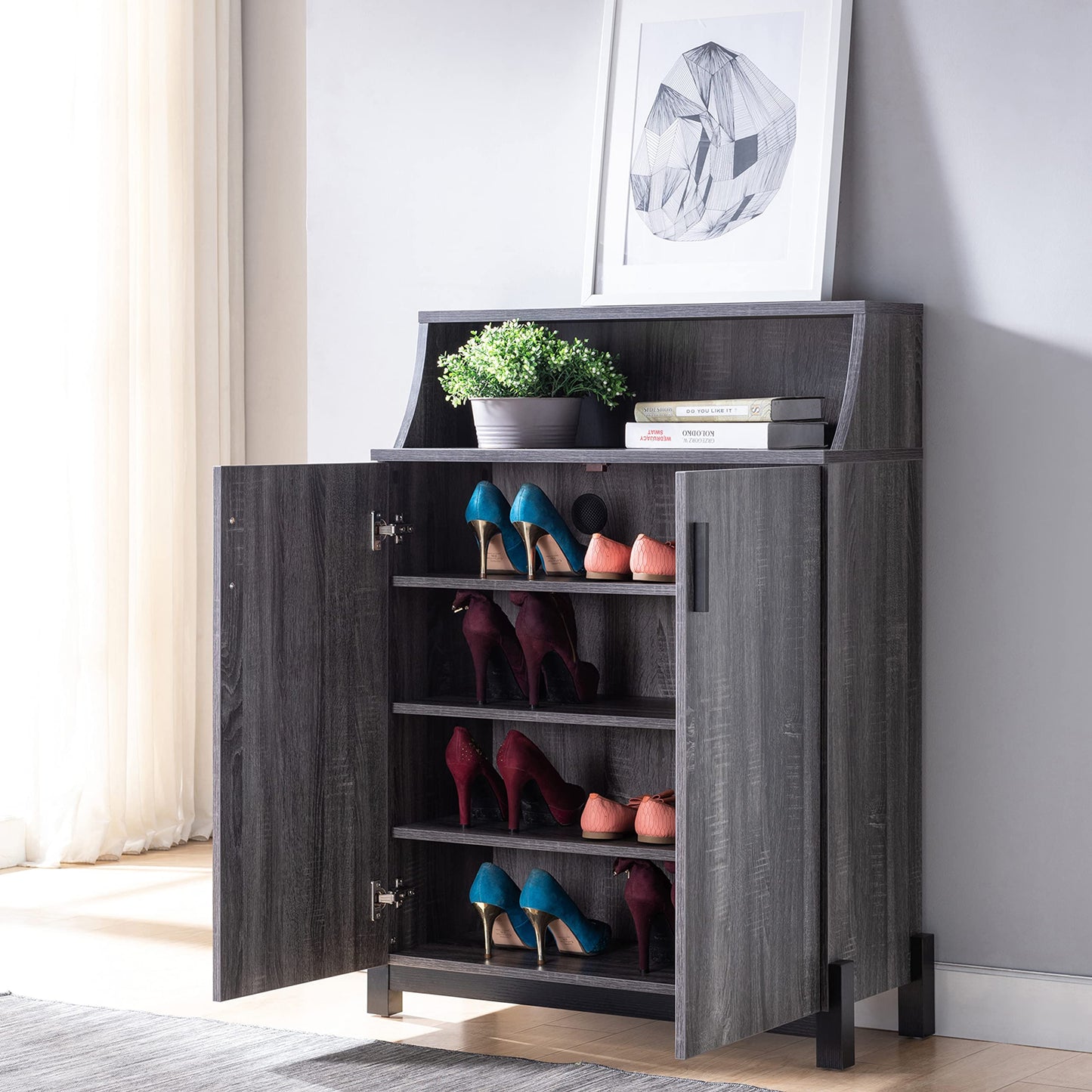 HOMES: Inside + Out Seiter Modern 5-Shelf Wood 33 in. Shoe Cabinet for Entryway, Distressed Gray