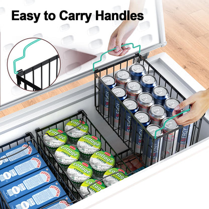 MSERCUOR Freezer Organizer Bins, 4 Pack Stackable Deep Chest Freezer Organizer Bins, Foldable Baskets with Handles, Black Storage Container Baskets for 5/ 7 Cu.FT Deep Freezer Sort Frozen Meats