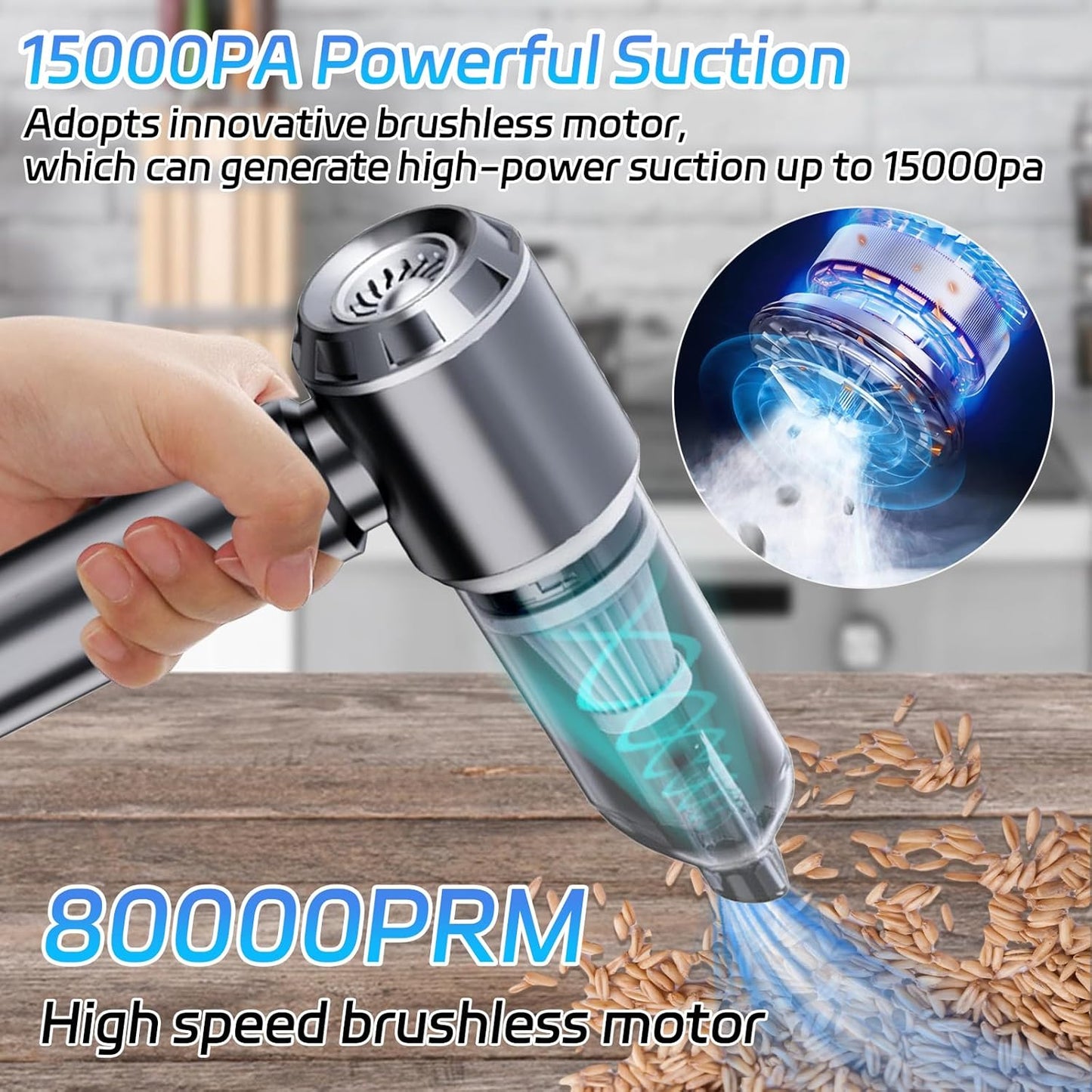 Portable Cordless Handheld Car Vacuum, 15000PA, 3 Speed Adjustable 4 in 1 with Brushless Motor and Multiple Nozzles