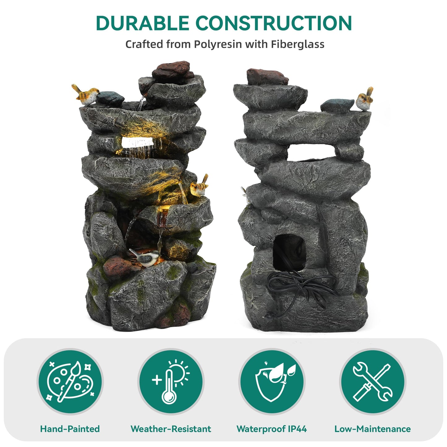 Ultym 31.5" Multi-Tier Rock Outdoor Water Fountain with LED Lights, Cascading Waterfall with Birds for Garden Patio Porch, Weather-Resistant Resin Water Feature for Tranquil Oasis