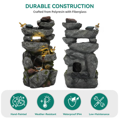 Ultym 31.5" Multi-Tier Rock Outdoor Water Fountain with LED Lights, Cascading Waterfall with Birds for Garden Patio Porch, Weather-Resistant Resin Water Feature for Tranquil Oasis
