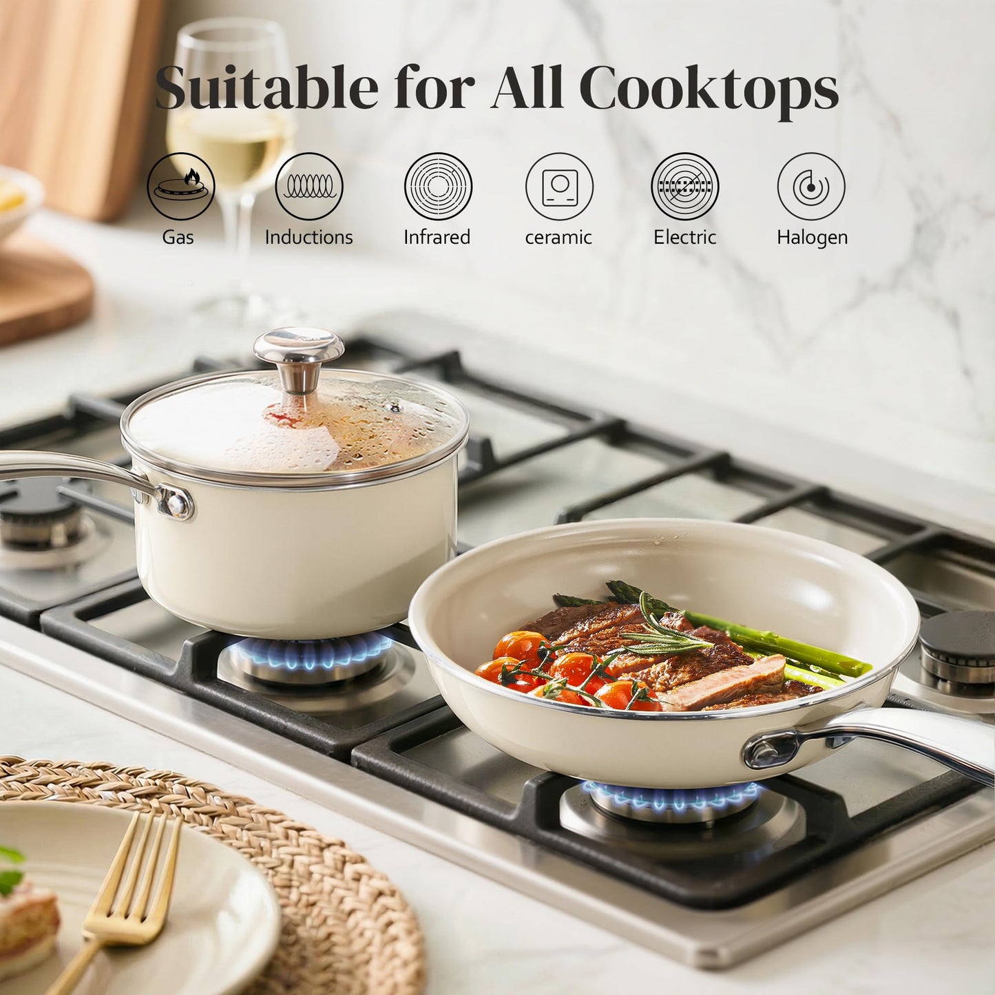 Redchef Sauce Pan & Frying Pan Set, 8" Ceramic Nonstick Fryingpan & 2.5Qt Saucepan with Lid, Mini Cookware Set, Induction Compatible, Nontoxic PTFE PFOA Free, Oven & Dishwasher Safe, Beige
