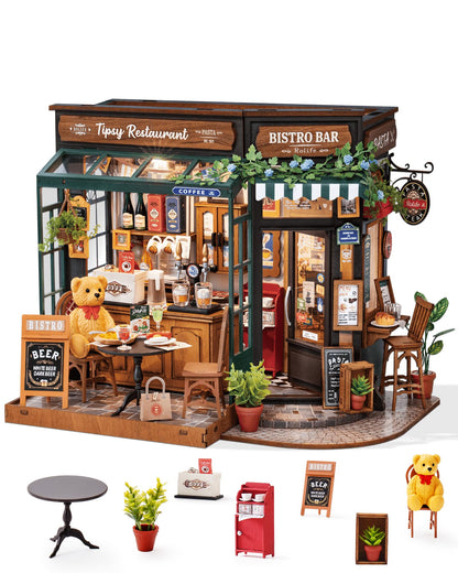 Rolife DIY Miniature House Kit for Adults, Tipsy Restaurant Mini Wooden Dollhouse Kit, Bakery Tiny House Diorama Building Kits-Birthday Craft Home Decor Hobbies Gift for Teens Kids
