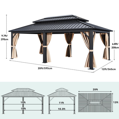 YITAHOME 12x20ft Gazebo Hardtop Canopy Heavy Duty Double Roof Outdoor w/Nettings and Curtains, Upgraded Aluminum Column Galvanized Steel Vertical Stripes Roof for Patio, Backyard, Deck, Lawns, Brown