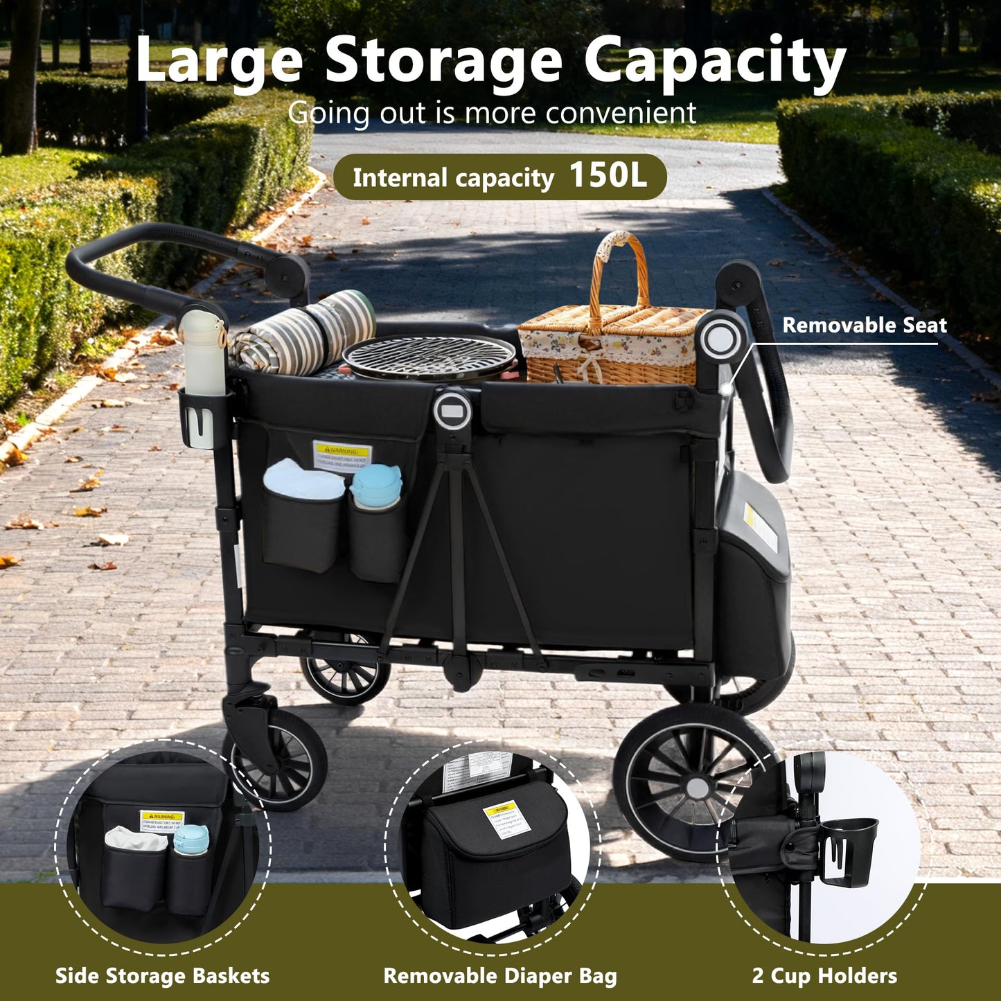 Kinder King Wagon Stroller for 2 Kids, All-Terrain Foldable Outdoor Stroller Wagon 2 Seater, Removable Canopy, Adjustable Handle, Shock-Absorbing Wheel, Detachable Tray, Large Storage, Black