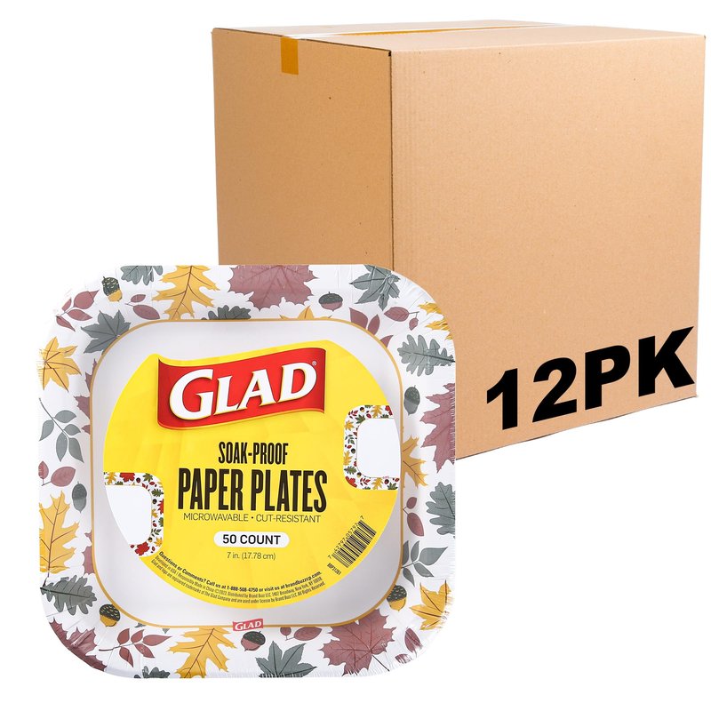Glad Everyday Square Disposable Paper Plates with Falling Foliage Design, Small | Cut-Resistant, Microwavable Paper Plates for All Foods & Daily Use | 7 Inches, 50 Count - 12 Pack