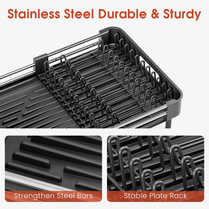 TOOLF Dish Drying Rack, Expandable Dish Rack for Kitchen Counter, Anti-Rust Dish Drainer, Sink Organization and Storage Essentials with Cutlery & Cup Holder, Black
