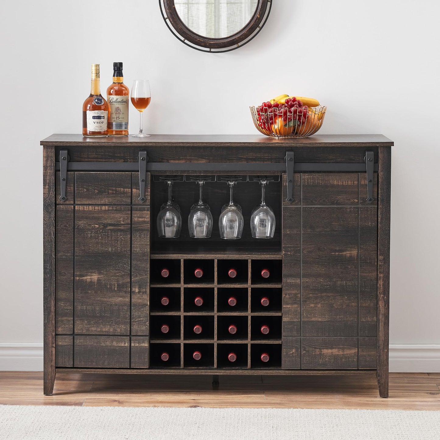 IDEALHOUSE Wine Bar Cabinet,Coffee Bar Cabinet,Farmhouse Liquor Station,Rustic Buffet Sideboard with Sliding Barn Doors,Wine & Glass Racks,Adjustable Shelves,for Living Room,Kitchen,Entryway(Fire)
