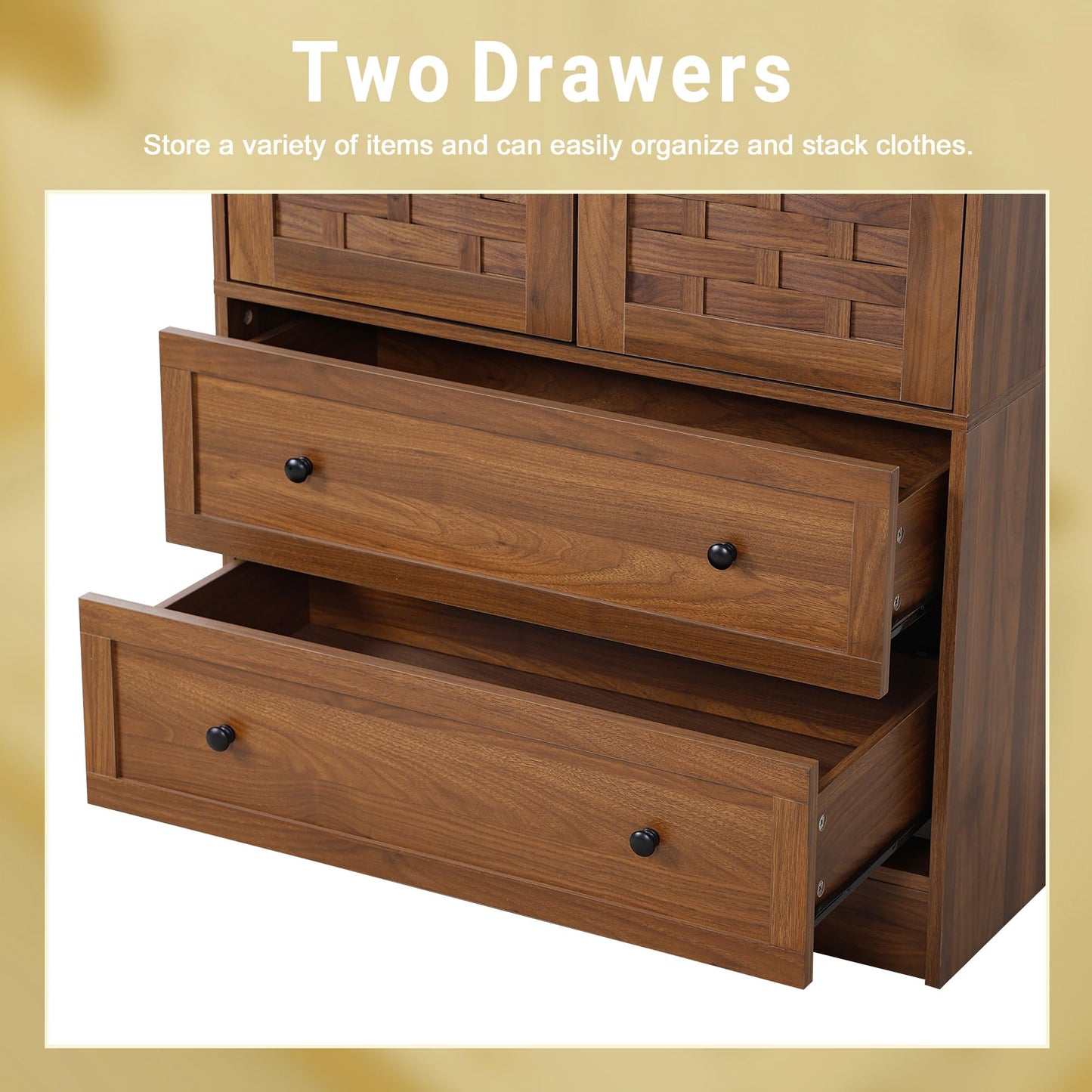 LEVNARY Armoire Wardrobe Closet with 2 Woven Doors, Wardrobe Cabinet with Storage Drawers and Hanging Rail, Freestanding Closets for Bedroom (Walnut)