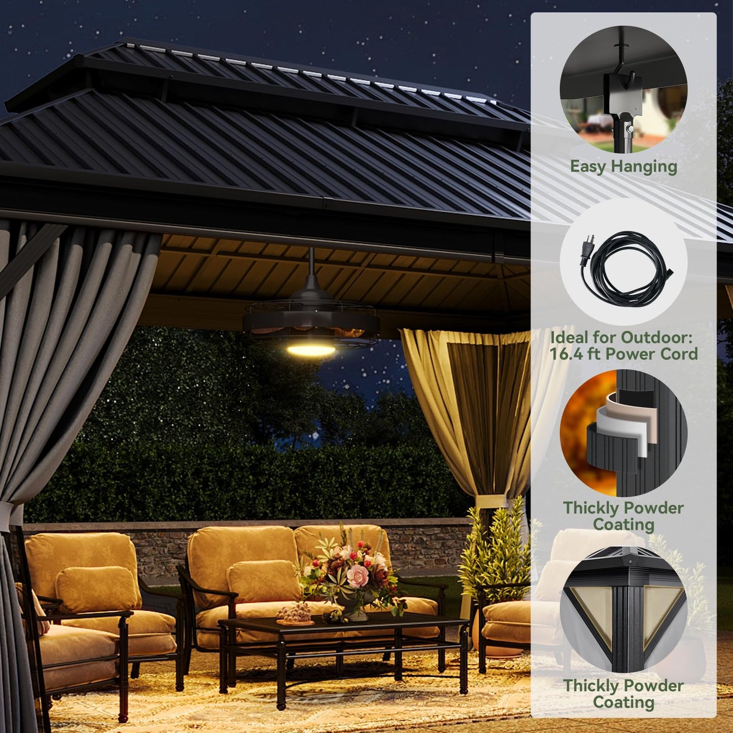 Aoxun 12'x16' Hardtop Gazebo, Aluminum Frame Canopy with Double Galvanized Steel Roof, Outdoor Metal Pavilion with Netting Curtains and 20 inch Ceiling Fans with Lights for Backyard, Patio and Deck