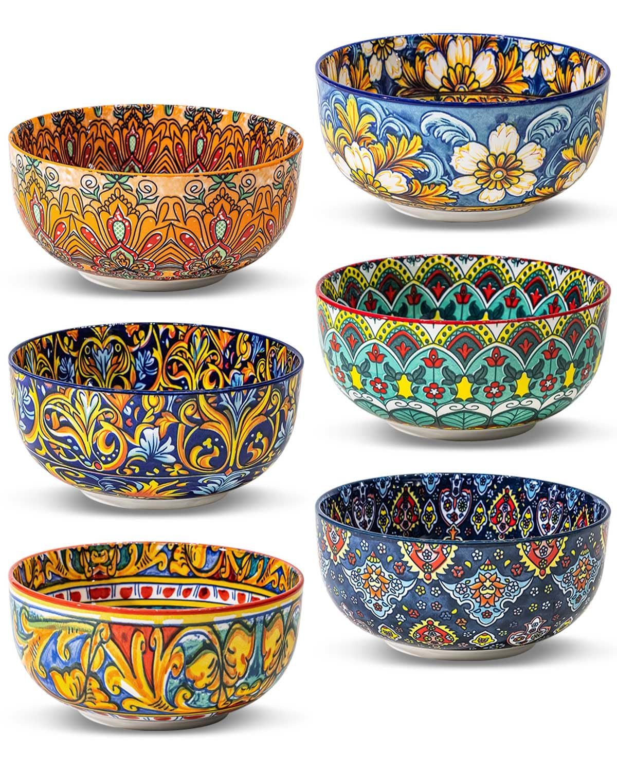 Yeacccng Bohemian Cereal Bowls Set of 6, 5.9 Inch 27 Oz Ceramic Soup Bowls, Microwave Dishwasher Safe, Lead-Free Scratch-Resistant for Oatmeal Pasta Salad, Colorful Boho Bowls