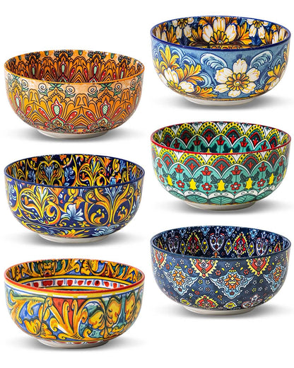 Yeacccng Bohemian Cereal Bowls Set of 6, 5.9 Inch 27 Oz Ceramic Soup Bowls, Microwave Dishwasher Safe, Lead-Free Scratch-Resistant for Oatmeal Pasta Salad, Colorful Boho Bowls