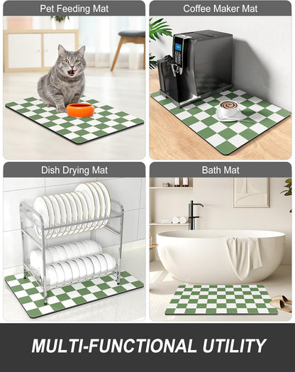 Rnivvi Dish Drying Mat - Absorbent Non-Slip Draining Pad for Kitchen | 12 x 19 Inches, Green & White Checkered