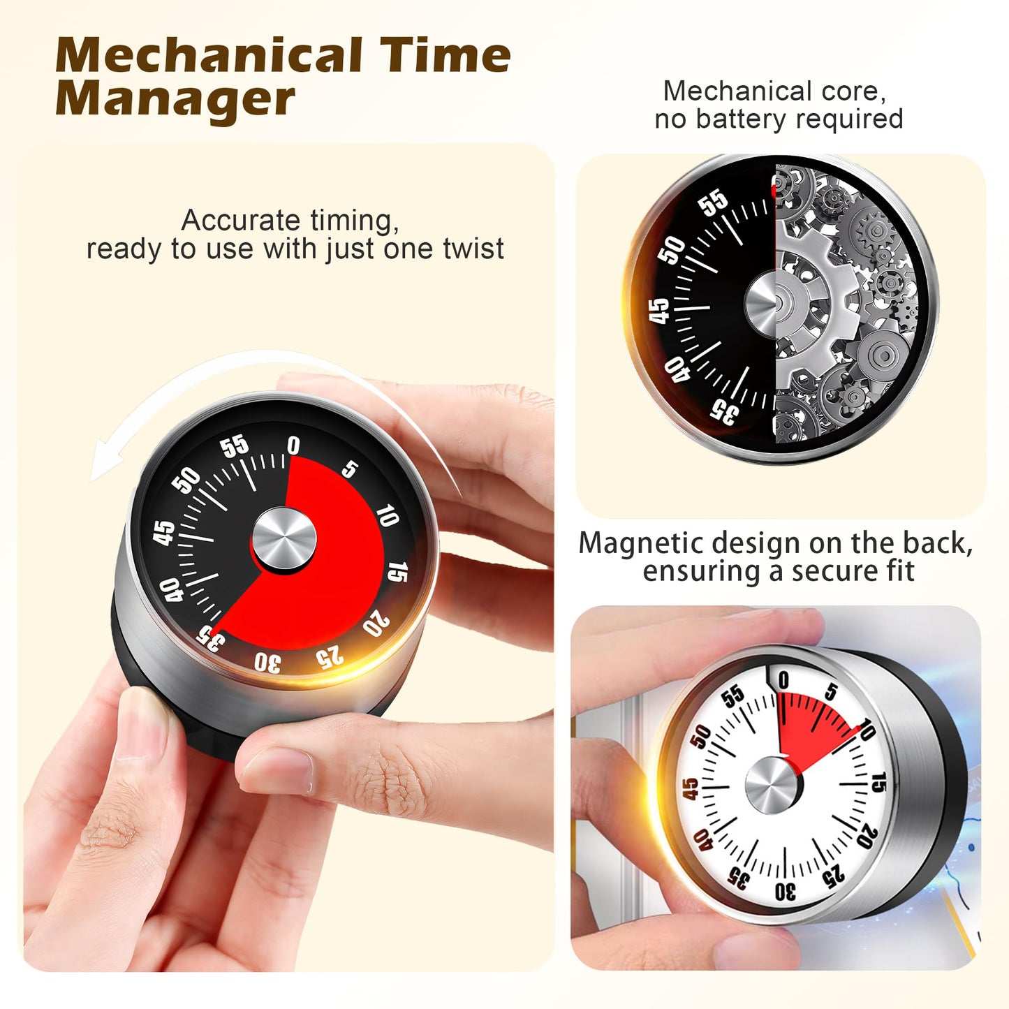 Premium Mechanical Kitchen Timer, No Battery Required, Magnetic Base, Twist Dial Control, Space Saving Design for Cooking Exercise, Silver and Black