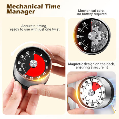 Premium Mechanical Kitchen Timer, No Battery Required, Magnetic Base, Twist Dial Control, Space Saving Design for Cooking Exercise, Silver and Black