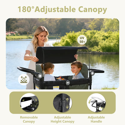 Kinder King Wagon Stroller for 2 Kids, All-Terrain Foldable Outdoor Stroller Wagon 2 Seater, Removable Canopy, Adjustable Handle, Shock-Absorbing Wheel, Detachable Tray, Large Storage, Green