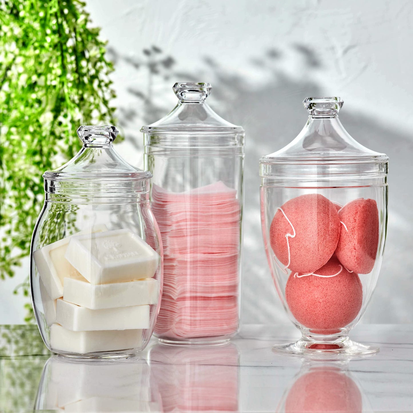 Amazing Abby - Adore - Plastic Apothecary Jars (3-Piece Set, 52/46/46 oz) (NOT Glass), Acrylic Jars with Lids, Bathroom Canisters, Candy Buffet, Wedding Display, BPA-Free and Shatter-Proof