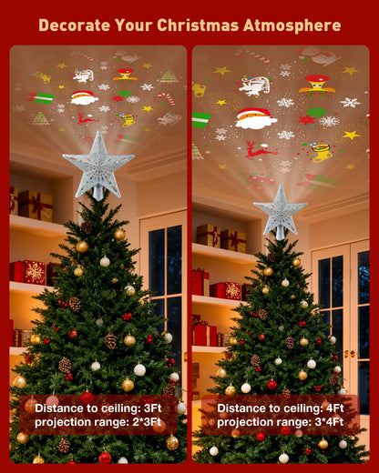 Christmas Tree Topper Lighted with 6 Patterns Projector, Christmas Star Tree Topper Built-in 3D Glitter LED Rotating Lights, Hollowed Christmas Tree Ornament for Xmas Party Holiday Decoration(Silver)