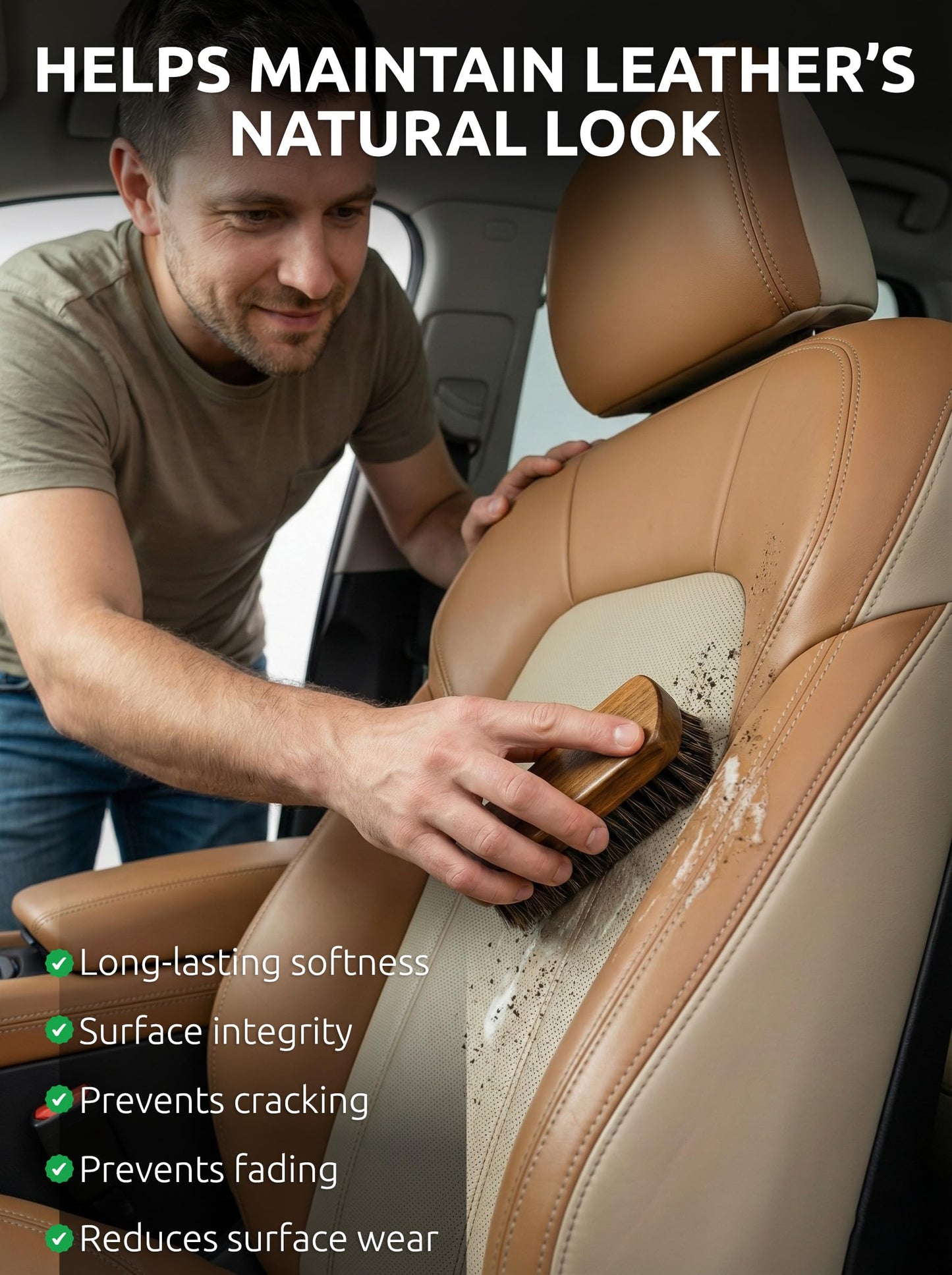 TAKAVU Leather & Upholstery Cleaning Brush Set, 100% Horse Hair Bristle, to Clean Car Seats & Leather Sofas, for Alcantara, Interiors, Furniture, Boots, Shoes, Bags and More