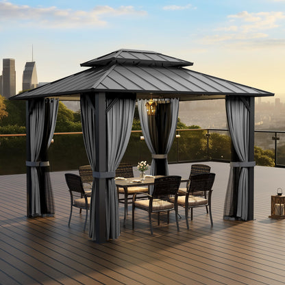 PAMAPIC 10x12FT Hardtop Gazebo,Galvanized Steel Double Roof with Aluminum Frame,Outdoor Permanent Pavilion with Breathable Netting & Privacy Curtain for Patio,Backyard,Deck,Lawn,Gray
