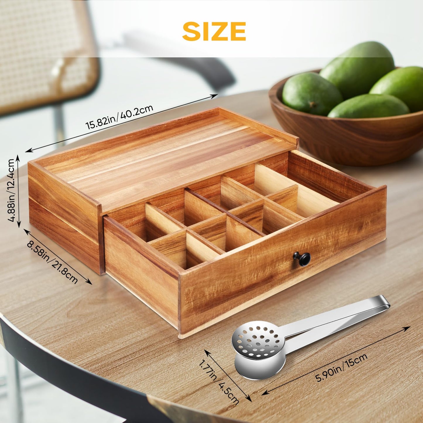Acacia Wood Tea Bag Organizer with Tea Bag Squeezer, Tea Box Organizer Storage Box, Tea Bag Holder with Drawer, Tea Caddy for Tea Bags, Tea Bag Storage Station, Tea Bar Accessories for Countertop