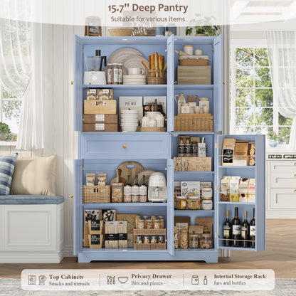 HOSTACK 68" Tall Kitchen Pantry Storage Cabinet, Modern Kitchen Hutch Cabinet with Doors and Shelves, Freestanding Food Pantry with Large Storage Drawer for Dining Room, Living Room, Light Blue