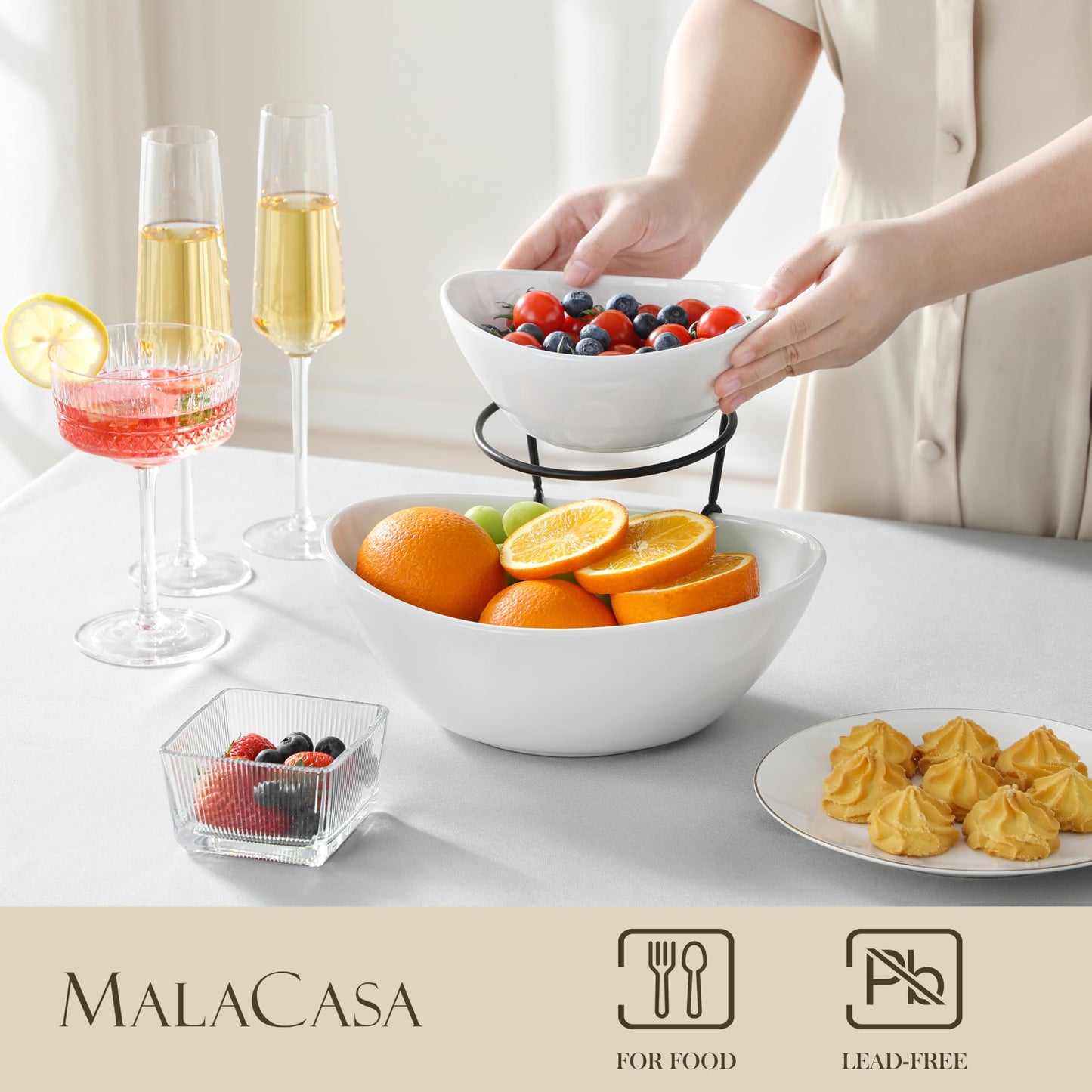 MALACASA 2 Tier Chip and Dip Serving Set with Metal Stand,Ceramic Appetizer Bowls for Party, Multi-Use Food Display for Fruits, Snacks,White Elegant Tiered Serving Dishes for Party