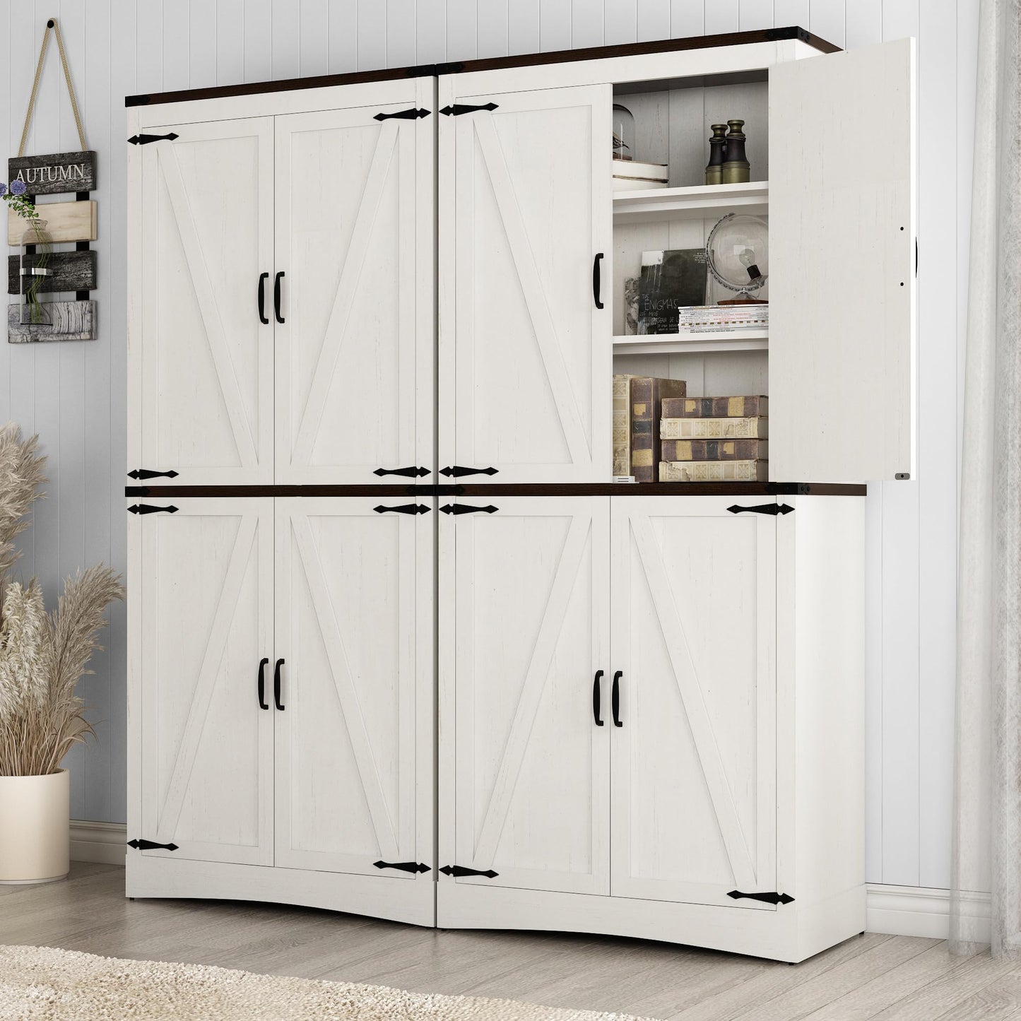 Hlivelood 71" Tall Kitchen Pantry,Farmhouse Storage Cabinet with Adjustable Shelves,Load-Bearing Steel Pipe,Farmhouse Pantry Cabinet with 4 Barn Doors,for Kitchen,Dining Room,Living Room(Rustic White)