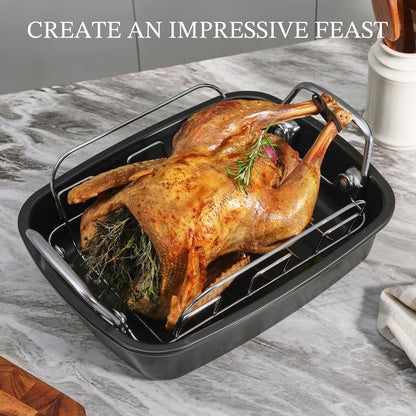KITESSENSU Large Roasting Pan with Rack - 25 LB Nonstick Turkey Roaster Pan for Oven - Heavy Duty Carbon Steel Roasting Pan with Wider Handles for Chicken, Vegetables & Holiday Meals, Cream