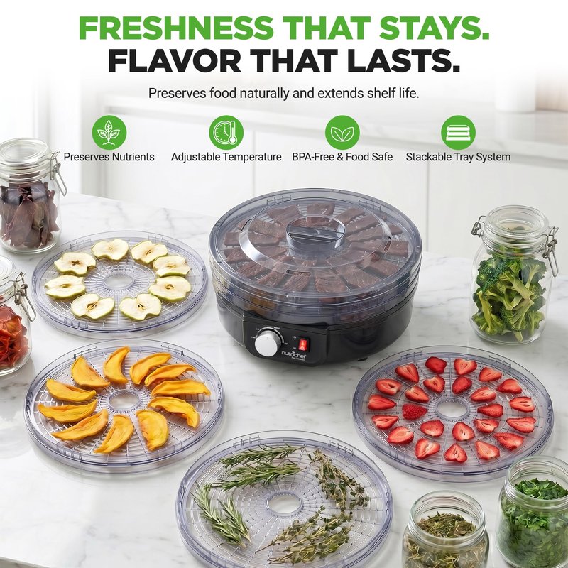 Nutrichef Electric Countertop Food Dehydrator | Professional Multi-Tier Food Preserver | Dehydrate Fish, Beef Jerky, Meats, Mushrooms, Fruits & Vegetables | 5 Stackable Trays for Easy Cleaning