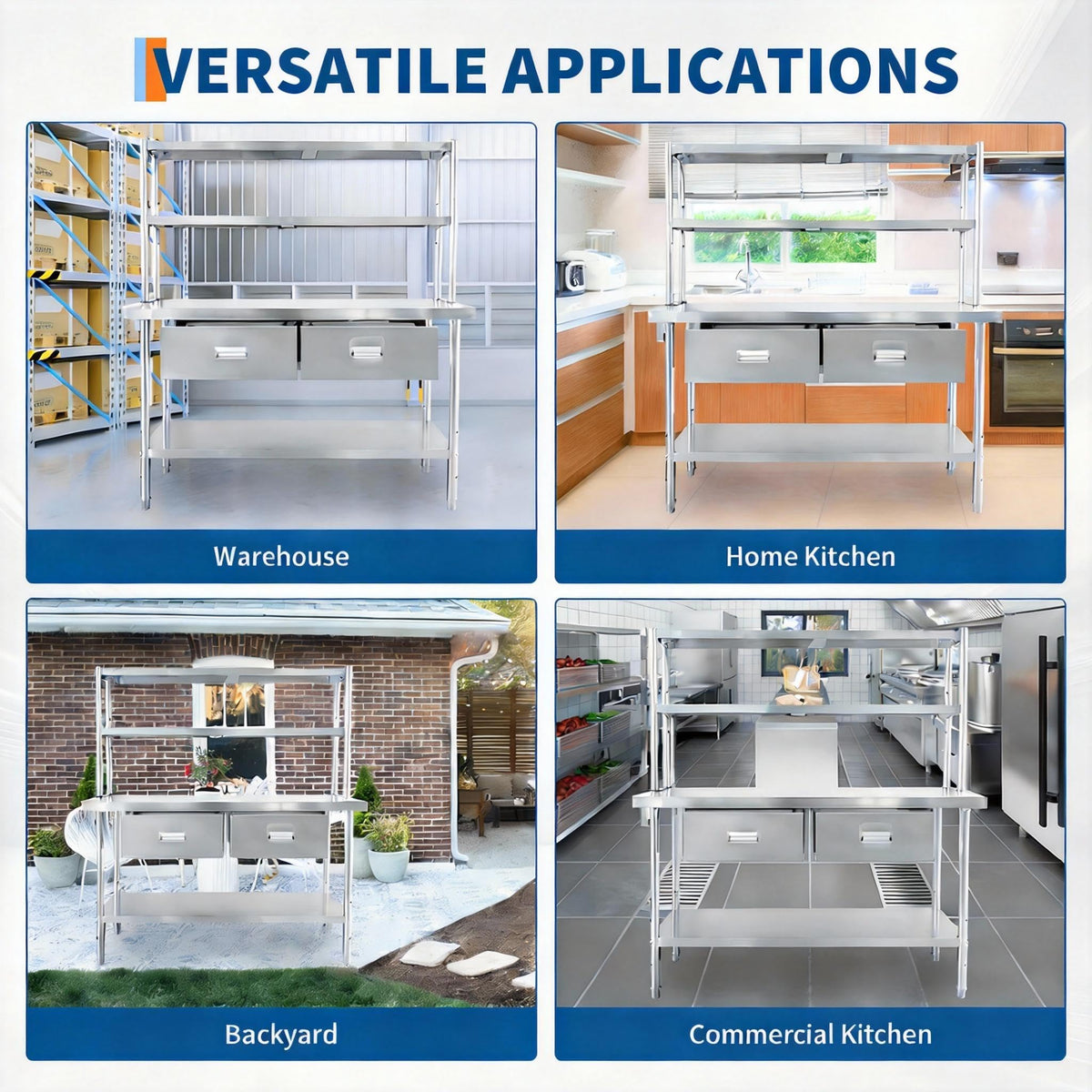 Stainless Steel Table with Overshelves and Drawers, 48" X 24" Heavy Duty Commercial Work & Prep Table with Adjustable Undershelf, Work Tables Workbench for Home Restaurant Kitchen Garage